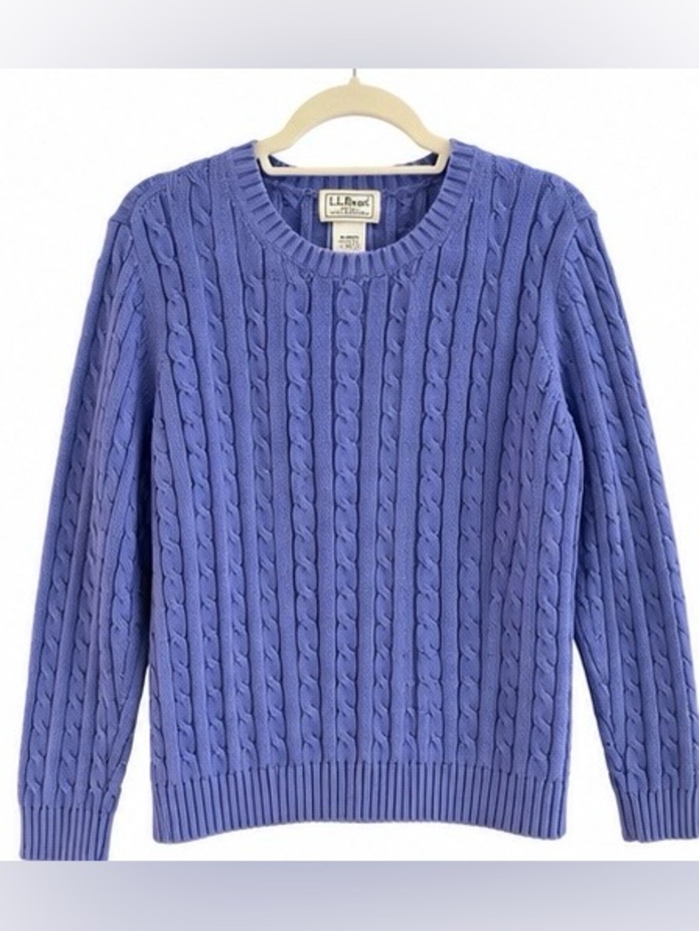 L.L. Bean Periwinkle Cable-Knit 100% Cotton Crewneck Sweater